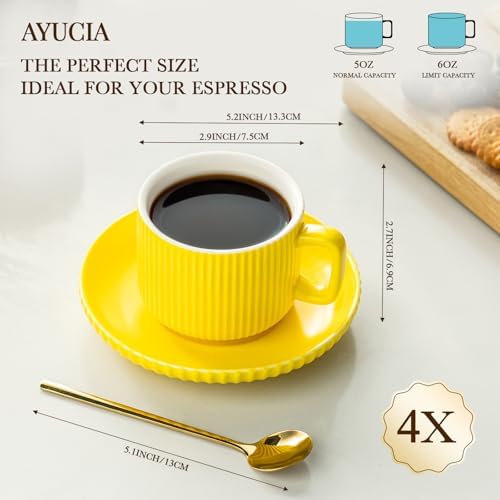 5 Ounce Espresso Cups Set of 4, Small Coffee Cups with Saucers and Spoons, Yellow Ceramic Demitasse Espresso Mugs - Image 5