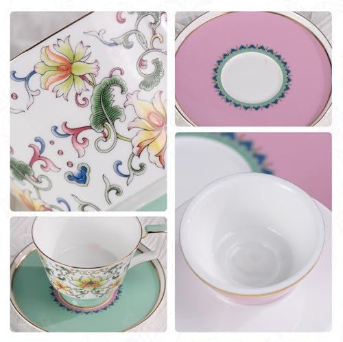 KAMMAK Ceramic Coffee Cups Saucers Set of 2, Porcelain Espresso Cups with Saucers, 8.12 oz Handcrafted Elegant Bone China Tea Cups, Lotus Floral Pattern Teacup for Party, Office, Women Gift - Image 4