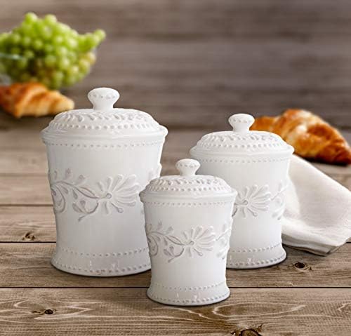 American Atelier Bianca Canister Set 3-Piece Ceramic Jars in 20oz, 48oz and 80oz Chic Design With Lids for Cookies, Candy, Coffee, Flour, Sugar, Rice, Pasta, Cereal & More, 7x10.25, White Leaf - Image 2