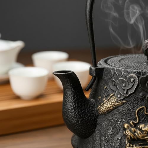 Cast Iron Teapot Dragon Relief Kettle, Traditional Japanese Tetsubin with Gilded Cloud and Dragon Relief, Featuring A Coiled Dragon Handle - Image 5