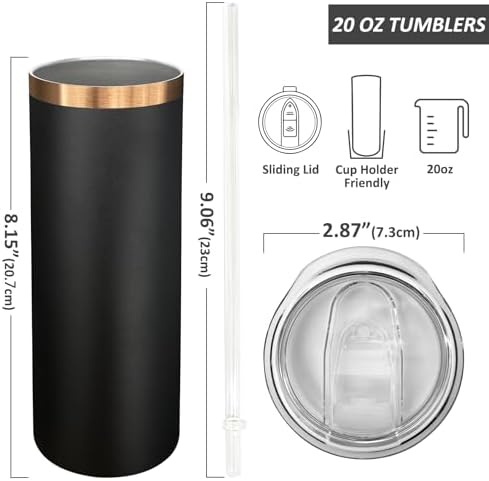20 oz Skinny Tumblers Bulk with Lids and Straws Black,4 pack - Image 2