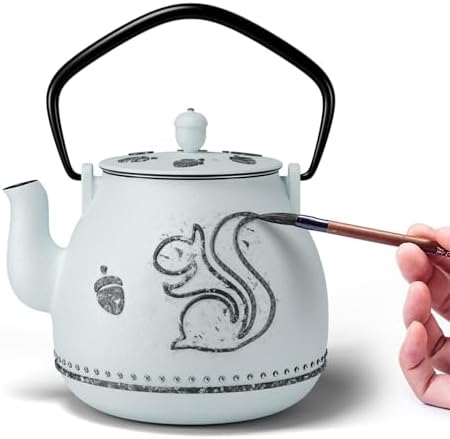 Toptier Teapot with Removable Infuser, Cast Iron Tea Kettle Stovetop Safe, Squirrel Design Tea Pot Coated with Enameled Interior for 32 Ounce (950 ml), Light Blue by toptier