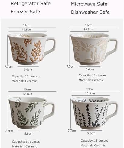 Ceramic Mug Set of 4, 11oz - Vintage Mug Cups for Coffee Milk Latte Cappuccino Tea, Porcelain Coffee Cups Set Gifts for Women Man, Farmhouse Handmade Stoneware Cups Dishwasher Microwave Safe - Image 2
