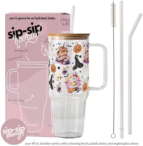 Halloween Fall Coffees 40oz Glass Tumbler with Handle, Lid and Straw - Image 4