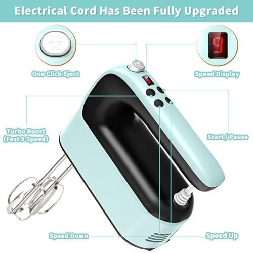 Yomelo 9-Speed Digital Hand Mixer Electric, 400W Powerful DC Motor, Hand Mixer Electric Handheld with Snap-On Storage Case, 5 Stainless Steel Accessories, Beaters, Dough Hooks, Whisk(Ice Blue/Black) - Image 3