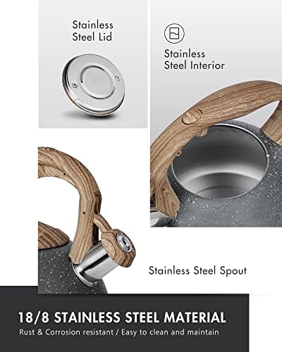 POLIVIAR Tea Kettle, 2.7 Quart Natural Stone Finish with Wood Pattern Handle Loud Whistle Food Grade Stainless Steel Teapot, Anti-Hot Handle and Anti-Rust, Suitable for All Heat Sources (JX2018-GR20) - Image 2