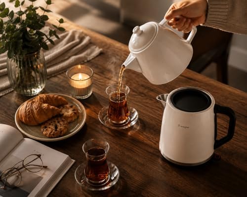 B Unique Electric Turkish Samovar, 1.8L Stainless Steel Kettle with Porcelain Teapot, Keep Warm Function, Removable Filter, Cordless Base, Digital Display - Image 4
