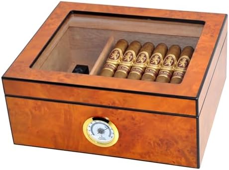 Cigar Humidor Case, Holds 25-50 Cigars, Tempered Glass Top Display, Handcrafted Spanish Cedar Wood Desktop Cigar Box with Divider, Humidifier, Hygrometer, Burlwood Blond, - Image 3