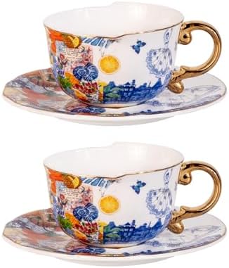 KAMMAK Tea Cups and Saucers Set of 2, Fine Bone China Coffee Cups, 584N by KAMMAK