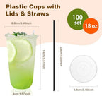 tchrules 100 Set 18oz Clear Round Bottom Plastic Cups with Lids and Straws - Image 2