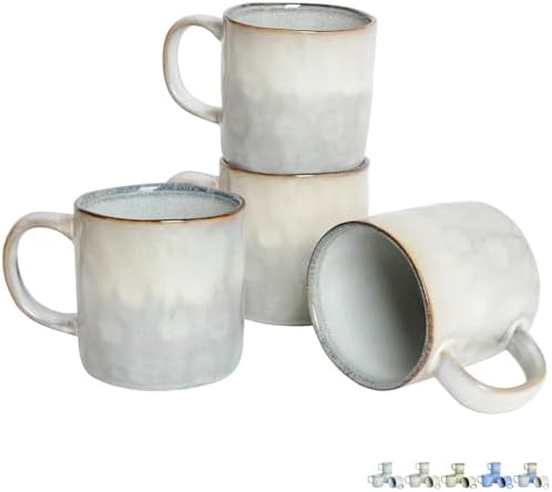 Bosmarlin Ceramic Coffee Mug Set of 4, 14 Oz, Coffee Cups with Big Handle, Microwave Safe, Unique Reactive Glaze (Grey White, 14 Oz) by Bosmarlin
