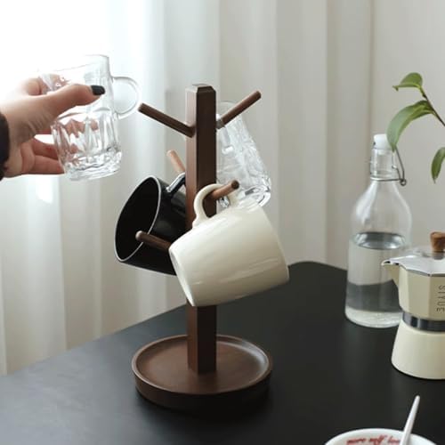 Solid Black Walnut Mug Tree, 6-Hook Wooden Coffee Cup Holder with Drip-Catch Base Non-Slip Feet Vertical Storage Stand Dish Racks - Image 4