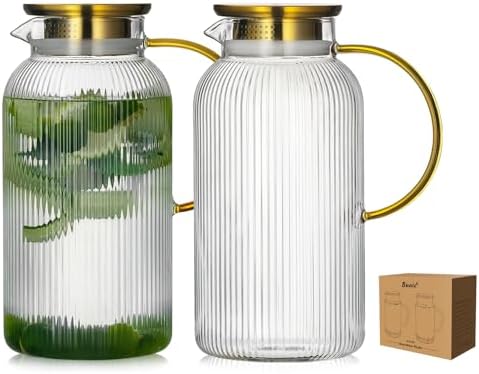 Buaic 2 PACK Glass Pitcher with Lid, 84 oz/ 2.5 Liter Glass Water Carafe by Buaic
