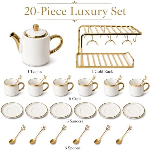 -Luxury 20-Piece White Porcelain Tea Set with Electroplated Gold Trim - Modern Ceramic Teapot, 6 Tea Cups, 6 Saucers, 6 Leaf Design Spoons & Gold Display Rack - Tea Party Set - Image 4