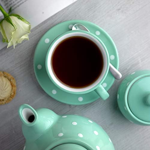 City to Cottage Handmade Teal Blue and White Polka Dot Large Ceramic 12oz/350ml Cappuccino Coffee Tea Cup and Saucer, Unique Designer Pottery for Tea Lovers - Image 3