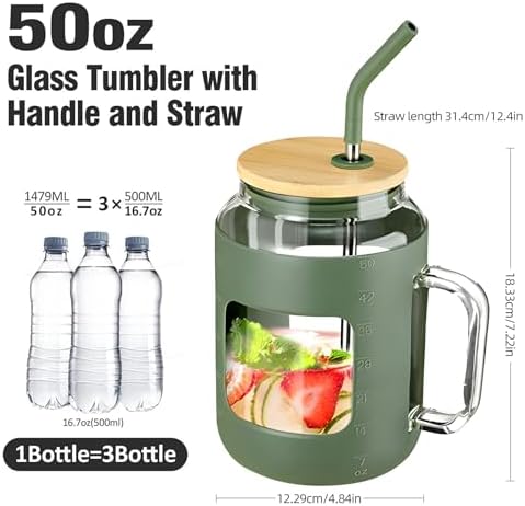 50Oz Glass Mug with Handle and Straw, Silicone Sleeve, Reusable Water Bottle for Beer, Tea, Coffee, Juice, Sustainable Drinking Cup with Lid (Green) - Image 2