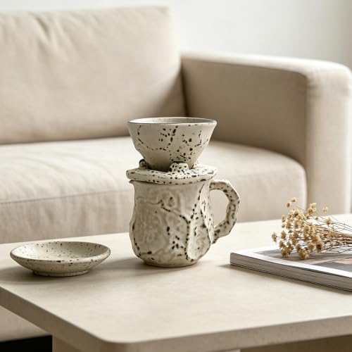Textured Ceramic Manual Coffee Brewer Set Dripper with Server Vintage Glazed Finish for Home Kitchen Daily Use Manual Coffee Dripper Ceramic Brewer Glazed Server Countertop Brewing Set Hand Drip Home - Image 7