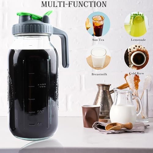 Cold Brew Coffee Maker 64 Oz Mason Jar Iced Tea Pitcher With Strainer 2 Set Half Gallon Glass Pitcher With Spout Lid 2 Quar Water Jug For Fridge Beverage, Sun Tea, Hot Cold Brew, Lemonade, Juice - Image 7