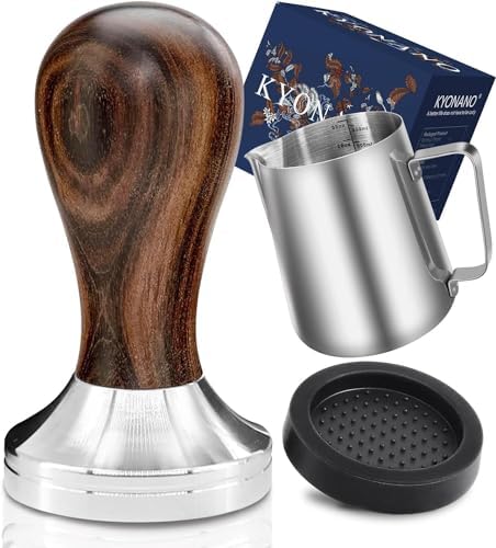 KYONANO Espresso Tamper 51mm - Tamper with Chacate Preto Wood Handle - Coffee Tamper plus Milk Frothing Pitcher 350ml & Silicone Tamper Mat - Tamper fits 51mm Delonghi Portafilter by KYONANO
