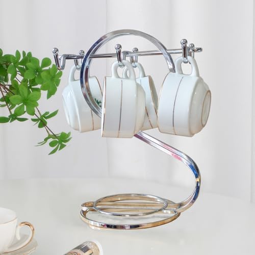 Coffee Mug Holder Metal,Mug TeaCups Holders Countertop,Coffee Mug Tea Cup Stand Storage Rack Tabletop Counter 6 Hooks(Silver) by FXLYUTXP