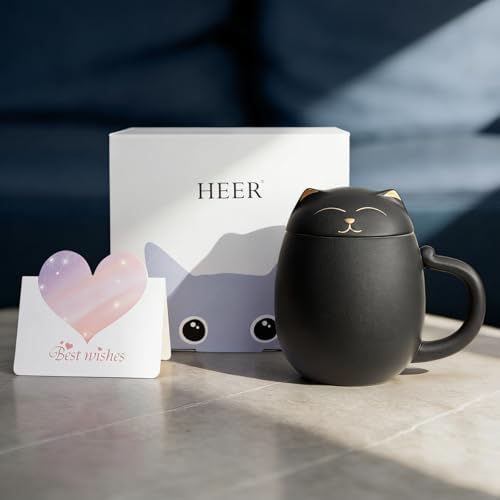 HEER Black Cat Ceramic Tea Mug 13.5oz with Infuser and Lid, Black - Image 2