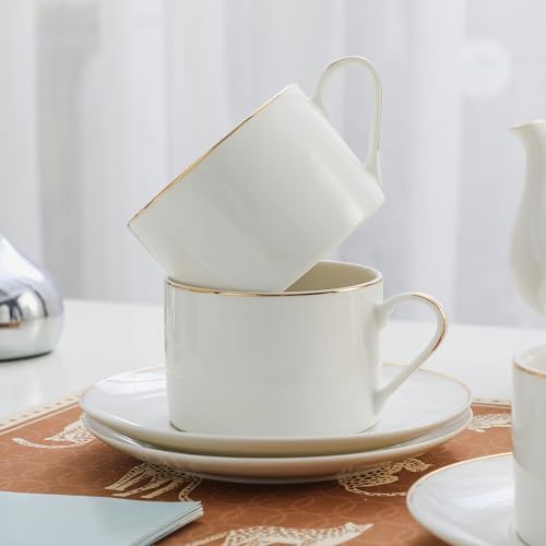 6.6oz White Porcelain Tea Cup and Saucer Set with gold, Set of 8 - Image 5