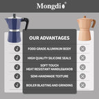 Mongdio Stovetop Espresso Maker Moka Pot, Stove Top Cuban Coffee Maker, Italian Greca Mocha Pot, 12 Espresso Cups, 20 oz - Blue - Image 2