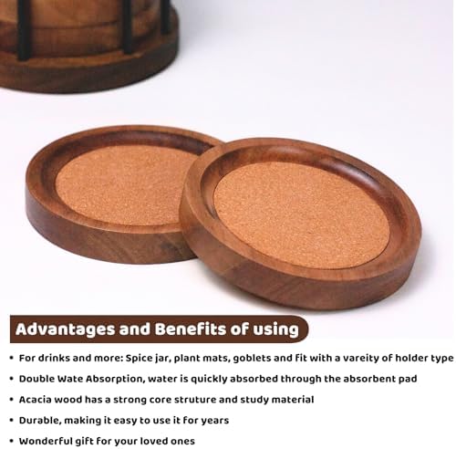 Wood Coasters for Drinks with Metal Holder, Wooden Coaster with Cork for Tabletop Protection, Drink Coasters for Coffee Table, Desk, 4.33 Inch, Set of 6 (Medium Size) - Image 2