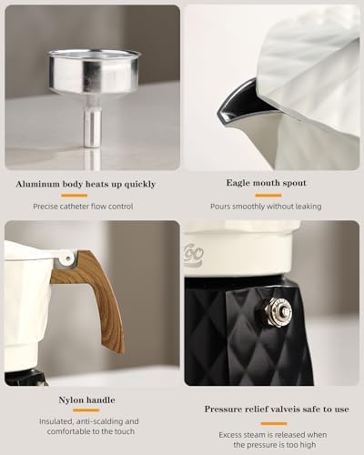 Bincoo 120ML Stovetop Espresso Maker Double Valve Moka Pot with Thermostat Extractor Prevent over-extraction,Italian Espresso Moka Pot with Powder Dispenser and Filter Paper for Home (White/Black) - Image 6