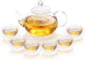Glass Teapot 600ml/20.3oz with 6pcs Double Wall Teacups Removable Infuser Stovetop Safe Glass Tea Kettle Loose Leaf and Blooming Tea Maker Set by TMOST