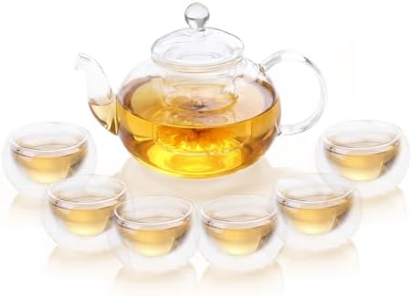 Glass Teapot 600ml/20.3oz with 6pcs Double Wall Teacups Removable Infuser Stovetop Safe Glass Tea Kettle Loose Leaf and Blooming Tea Maker Set by TMOST