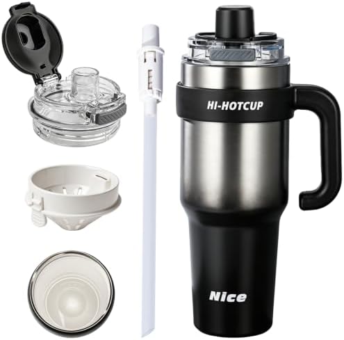 HI-Hotcup-42.58oz Insulated Stainless Steel Travel Mug with Handle, 316/Ceramic Liner Vacuum Tumbler, Leak-Proof Hot Cold Coffee Cup with Straw & Tea Infuser for Car, Outdoor-006 by Unknown