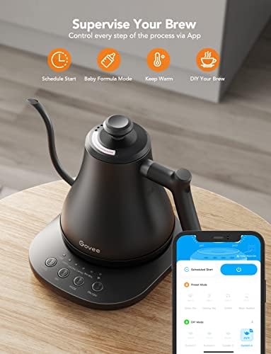 Govee Smart Electric Kettle, WiFi Variable Temperature Gooseneck Pour Over Kettle and Tea Kettle, Alexa Control, 1200W Quick Heating, 100% Stainless Steel, 0.8L, Matte Black (Pack of 2) - Image 7