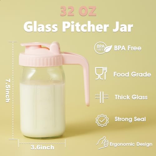 32oz Glass Pitcher with Lid & V-shaped Pour Spout - 1 Quart Double Leak Proof, Creamer Container for Sun Tea, Juice, Cold Brew Coffee, Breastmilk Storage Container - Image 6