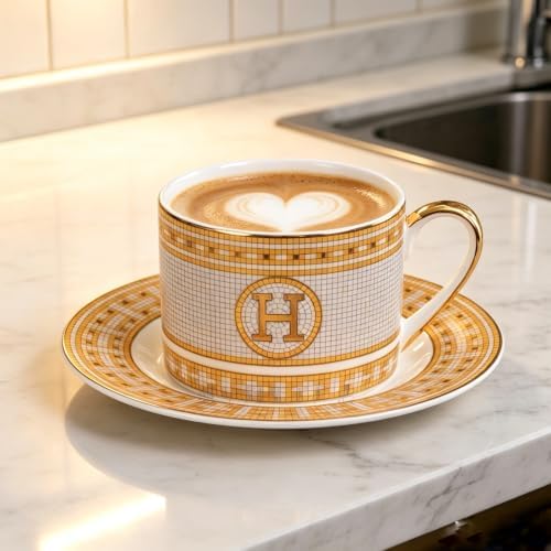 Gold Mosaic H Ceramic Coffee Cup & Saucer Set, 8 OZ Luxury European Bone China Latte Mug, Gold Rim Porcelain Tea Cup for Home Cafe, Wedding Housewarming Gift - Image 2