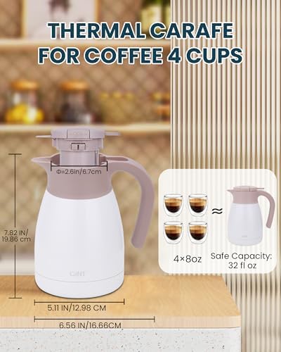 GiNT 1L / 34Oz Thermal Coffee Carafe, Insulated Stainless Steel Coffee Carafes for Keeping Hot/Double Walled Vacuum Thermal Carafe (White) - Image 4