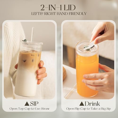 KEMORELA 6-Pack 18oz Large Round Glass Cups with Lids & Straws – Clear Tumblers for Iced Coffee, Juice, Smoothies – Reusable, Leakproof Beverage Set - Image 5