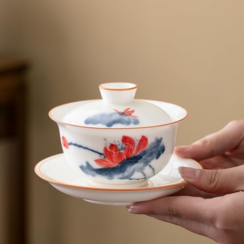 Ceramic Gaiwan Gongfu Tea Set Hand-painted Lotus Tea Cup with Lid Saucer - Image 5