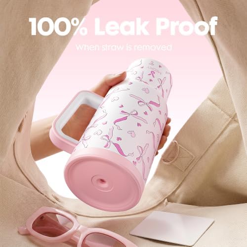 Meoky Glow in the Dark Tumbler: 40 oz Tumbler with Handle and Straw- Stainless Steel Insulated Tumbler for Car Cup Holders - Travelers Commuters Workers (1 Pack, Pink Bow) - Image 4