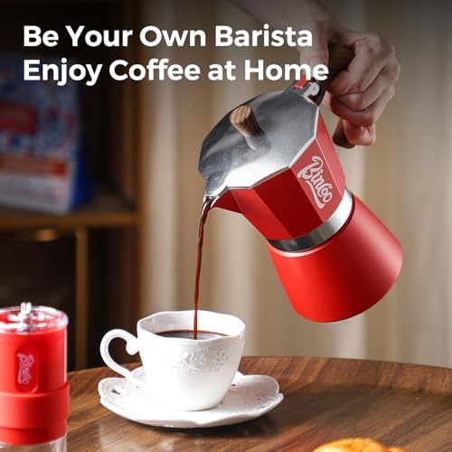 Bincoo Classic Italian Coffee Maker, Moka Pot 6 Cups, Espresso Maker Stovetop Espresso Moka Pot,Single Safety Valve (Red) - Image 4