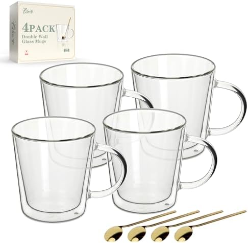 LIBWYS 12oz Double Wall Glass Coffee Mugs, Cappuccino Latte Tea Cups with Handle, Heat Resistant Borosilicate Insulated Clear Glasses (Set of 4) by LIBWYS
