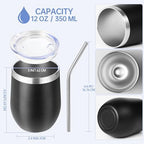 Volhoply 12oz Stainless Steel Wine Tumbler with Lid Bulk 24 Pack,Double Wall Vacuum Stemless Wine Glasses,Reusable Metal Travel Coffee Mug with Straw,Insulated Cups Gifts for Christmas（Black,24 Set） - Image 2