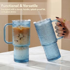 20 oz Blue Glass Tumbler with Lid and Straw, Glass Iced Coffee Cups, Spill-proof Glasses Tumbler with Handle, Glasses Drinking Set of 4, Vintage Glassware for Cocktail, Smoothies - Image 2