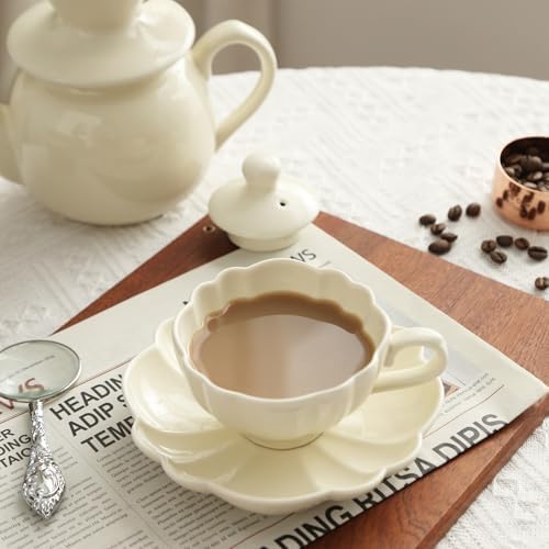 Ceramic Flower-shaped Tea Cup and Saucer Set 5oz/150ml Cappuccino Coffee Mug and Saucer, Unique Designer Pottery Gift for Tea Lovers (Ivory) - Image 2