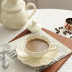 Ceramic Flower-shaped Tea Cup and Saucer Set 5oz/150ml Cappuccino Coffee Mug and Saucer, Unique Designer Pottery Gift for Tea Lovers (Ivory) - Image 2