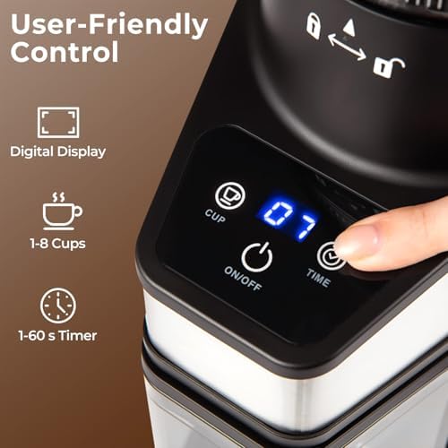 Conical Burr Coffee Grinder, Electric Espresso Machine w/ 60 Grind Settings, 1-8 Cups Capacity & 1-60s Timer, Brush & Tong, Anti-Static, Stainless Steel Coffee Bean Grinder for Home Office - Image 4