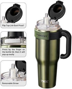 TKK 40 oz Insulated Tumblers with Handle and Straw, Stainless Steel Travel Mug with Ceramic Coating, Leak Proof Double Walled Iced Coffee Cup with Strainer for Hot & Cold Drinks, Olive Green - Image 2