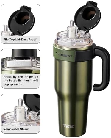 TKK 40 oz Insulated Tumblers with Handle and Straw, Stainless Steel Travel Mug with Ceramic Coating, Leak Proof Double Walled Iced Coffee Cup with Strainer for Hot & Cold Drinks, Olive Green - Image 2
