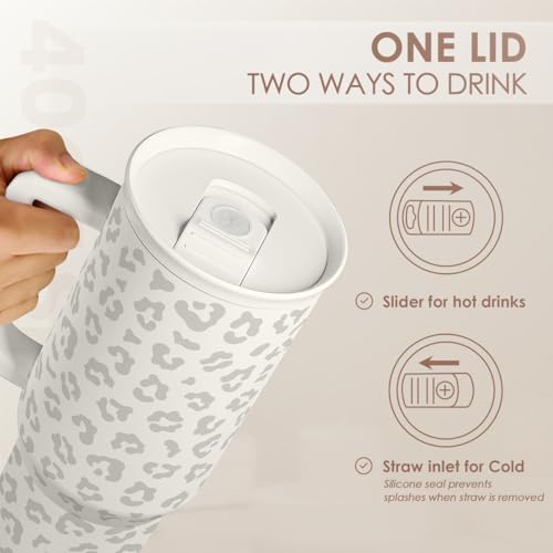SANDJEST Leopard Tumbler with Handle, Insulated Cup Stainless Steel Travel Mug Cup, Gifts for Women Girl on Birthday Christmas, Cream Leopard, 40oz - Image 5