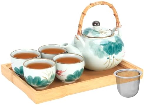 Japanese Tea Set Porcelain Tea Set with Teapot and Tea Cup Set for 4, Green and White Tea Sets for Adults with Stainless Infuser and Bamboo Tray, Asian Tea Set for Tea Lovers/Women/Men (Lotus) by BEOZINZ